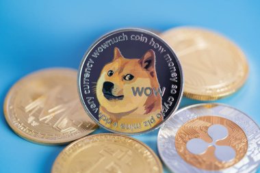 Dogecoin DOGE grubu Cryptocurrency coin bitcoin, Ethereum ETH, Binance Coin, Zcash TRON sembolü Sanal engelleme teknolojisi ile dahil para konsepti yakın ve Makro fotoğrafçılık