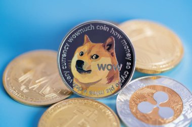 Dogecoin DOGE group included with Cryptocurrency coin bitcoin, Ethereum ETH, Binance Coin, Zcash TRON symbol Virtual blockchain technology future is money concept Close up and Macro photography clipart