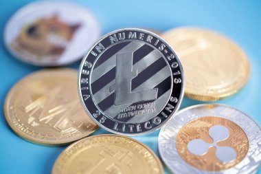 Gümüş Litecoin LTC grubu Cryptocurrency coin Dogecoin DOGE, bitcoin BTC, Binance Coin, Zcash TRON sembolü Sanal engelleme teknolojisi e-bankacılık para yakın plan ve Macro kavramı içerir.