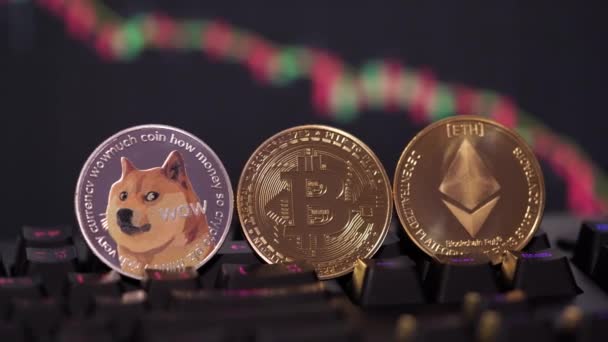 フォーカスを選択してパンをぼかす Dogecoin Ethereum Eth Bitcoin Btc暗号化および株式チャートは コンピュータキーボードで燭台をつけます 技術暗号通貨ブロックチェーンを使用する 資本利得で — ストック動画