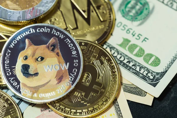 Dogecoin Doge Bitcoin Ethereum Eth Xrp Moneta Zawarte Kryptowaluta Monety — Zdjęcie stockowe