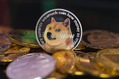 Dogecoin DOGE grubu tüm kripto para birimi bitcoin, Ethereum ETH, Binance Coin sembolü Sanal engelleme teknolojisi teknolojisi ile birlikte paranın çözülmüş arka planıdır. Yakın plan ve Makro fotoğraf