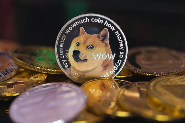 Dogecoin DOGE grubu tüm kripto para birimi bitcoin, Ethereum ETH, Binance Coin sembolü Sanal engelleme teknolojisi teknolojisi ile birlikte paranın çözülmüş arka planıdır. Yakın plan ve Makro fotoğraf