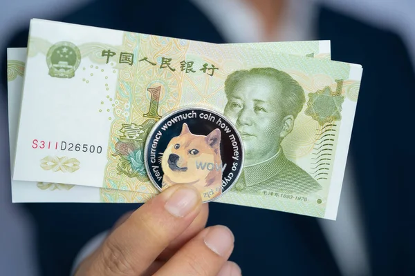 Foco Selecionar Borrar Dogecoin Doge Yuan Chinês Rmb Cny Com — Fotografia de Stock