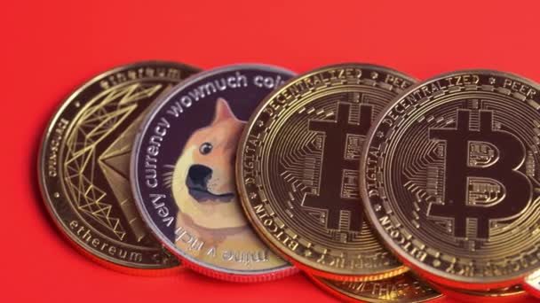 Dogecoin DOGE csoport tartalmazza Cryptocurrency érme bitcoin, Ethereum ETH, Bitcoin Cash bch, Ethereum Classic ETC szimbólum Virtuális blockchain technológia jövő pénzt veszít Közeli kép piros háttér — Stock videók