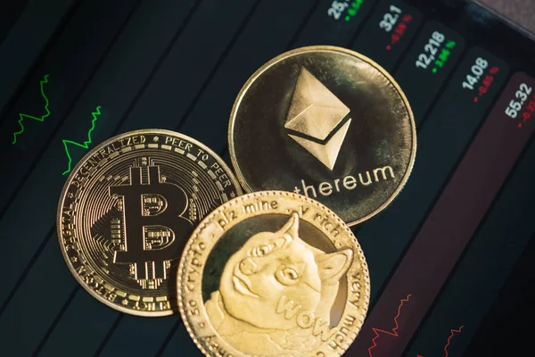 Dogecoin DOGE, Ethereum ETH, Bitcoin BTC grubu kripto para birimi ve borsa şeması şamdanları dahil olmak üzere bilgisayar üzerindeki hisselerini kaybetti. Teknoloji kripto para bloklama zinciri kullan. makro konsepti kapat.