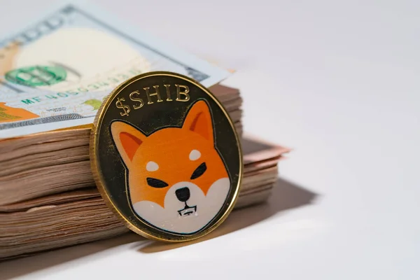 Shiba sikkesi ve kripto para yığını 100 dolar yeni Amerikan Doları Sanal Sanal Zincir Teknolojisi para konsepti yakın ve beyaz arka planda Macro.