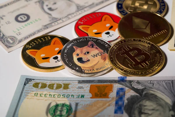 Dogecoin Doge Bitcoin Ethereum Eth Shib Mince Zahrnuty Dešifrovací Mince — Stock fotografie