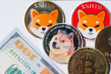 Dogecoin DOGE, bitcoin, Ethereum ETH, Shiba Coin, içinde Kripto para birimi ile birlikte 100 ABD Doları yeni para yığını üzerinde Amerikan Sanal zinciri teknolojisi gelecek para yakın konsept