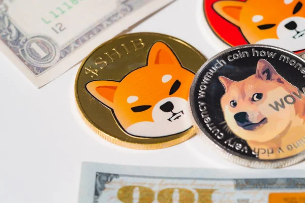 Dogecoin Doge Bitcoin Ethereum Eth Shiba Coin Opgenomen Met Crypto Rechtenvrije Stockafbeeldingen