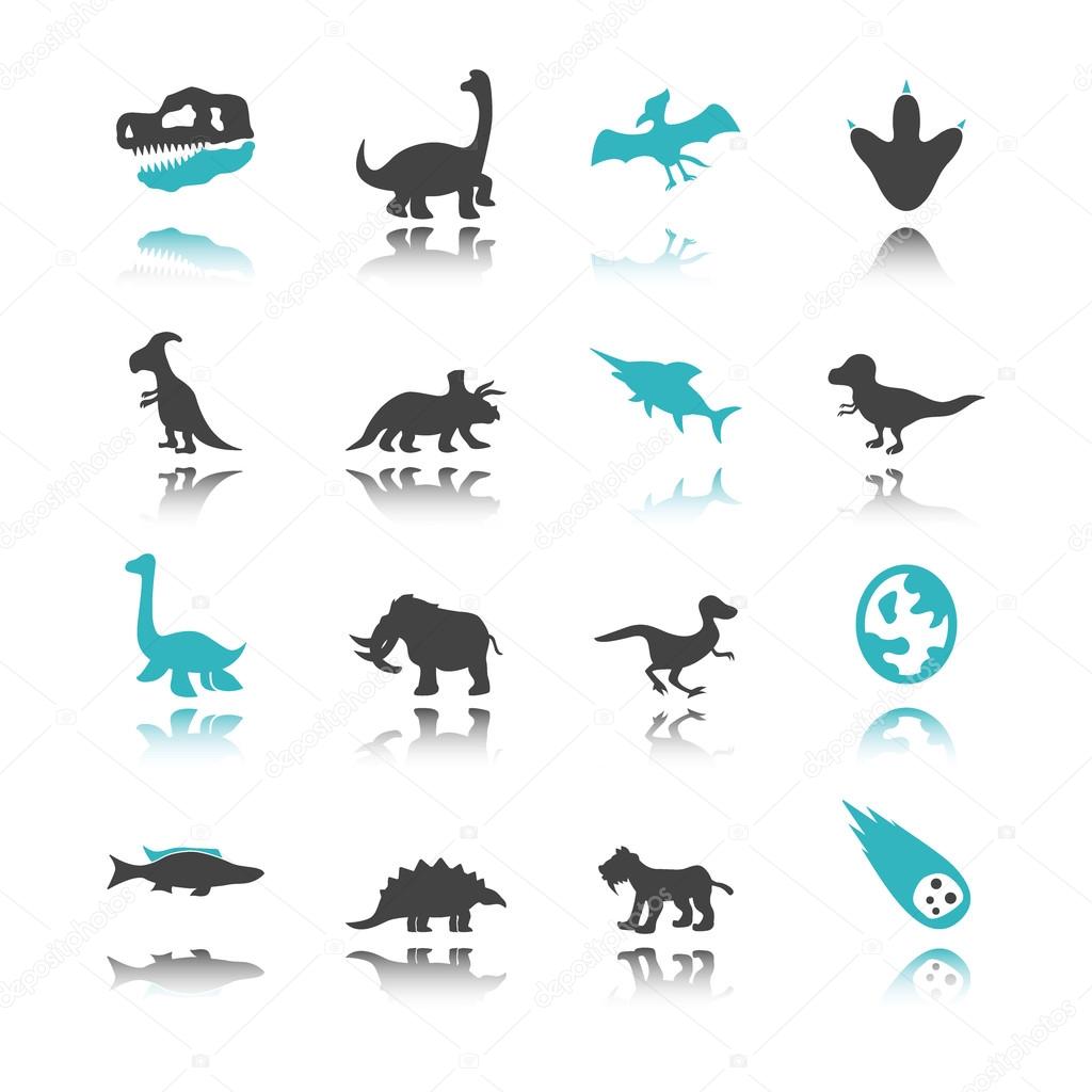 Dinosaur icons with reflection isolated on white background