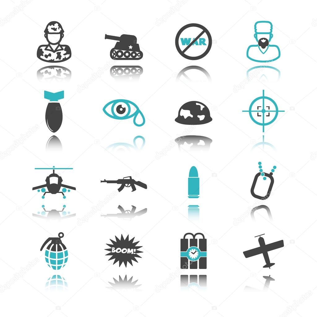 War icons with reflection isolated on white background