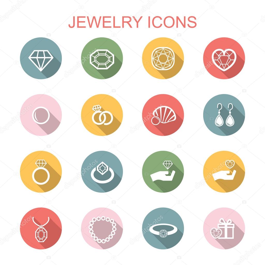 Jewelry long shadow icons, flat vector symbols