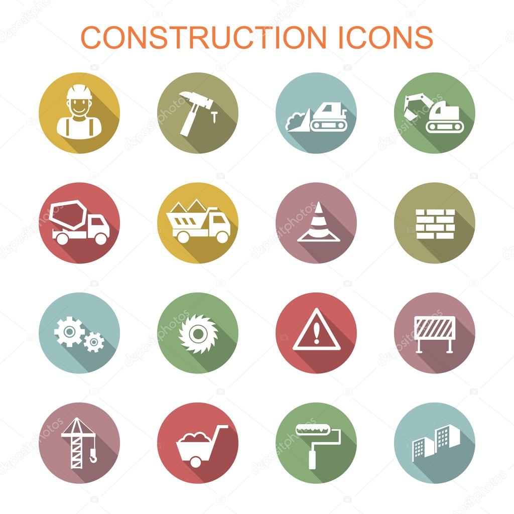Construction long shadow icons, flat vector symbols