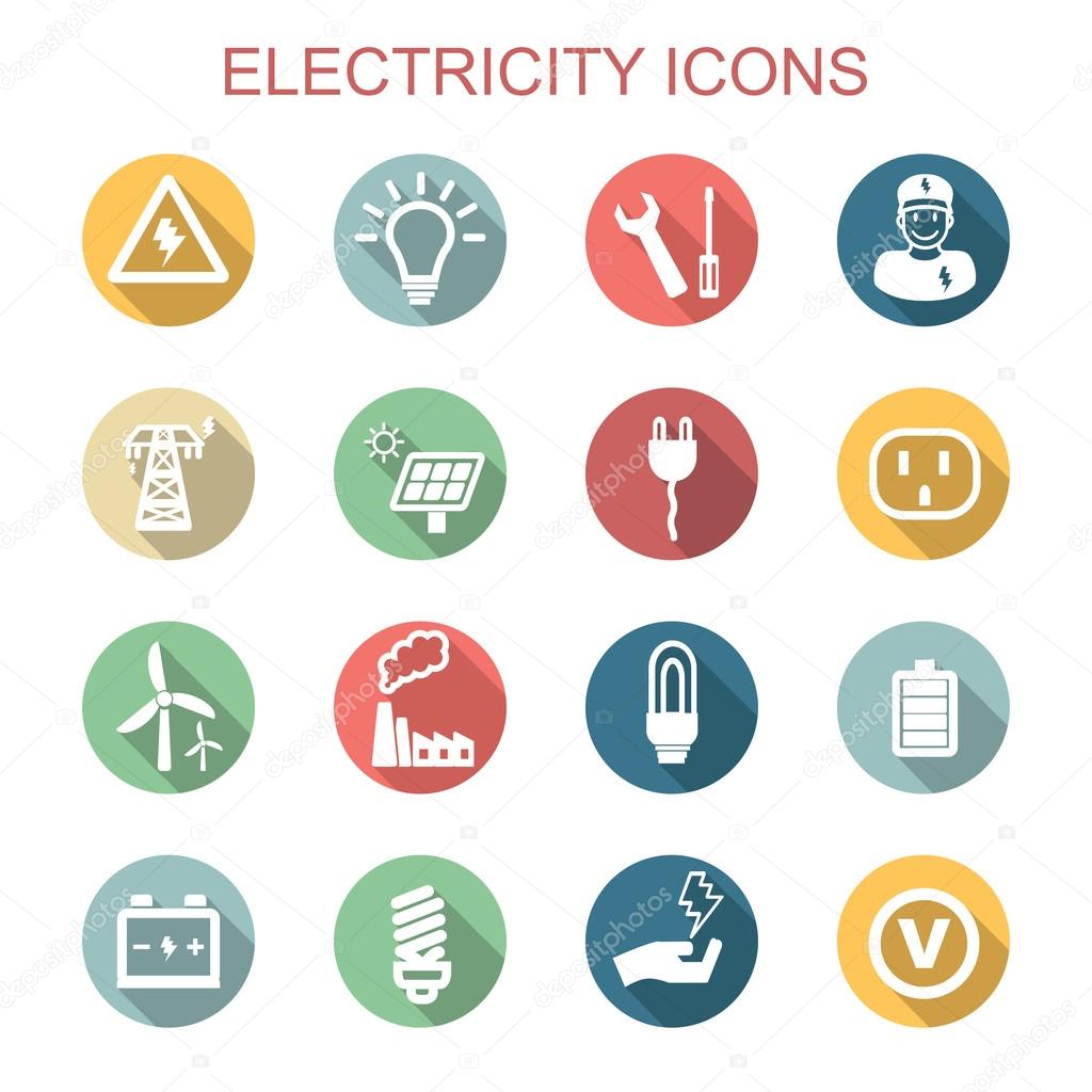 Electricity long shadow icons, flat vector symbols