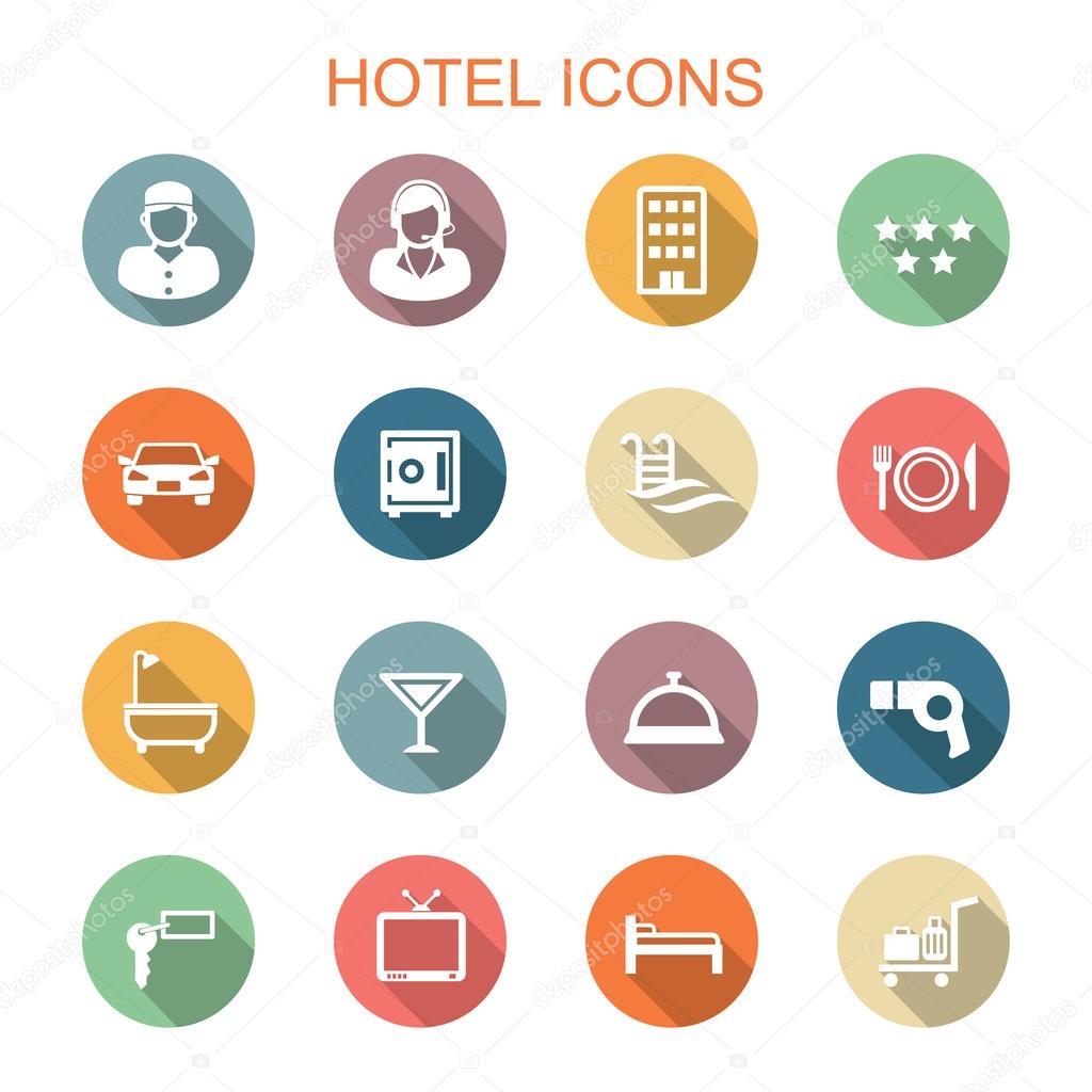 Hotel long shadow icons, flat vector symbols