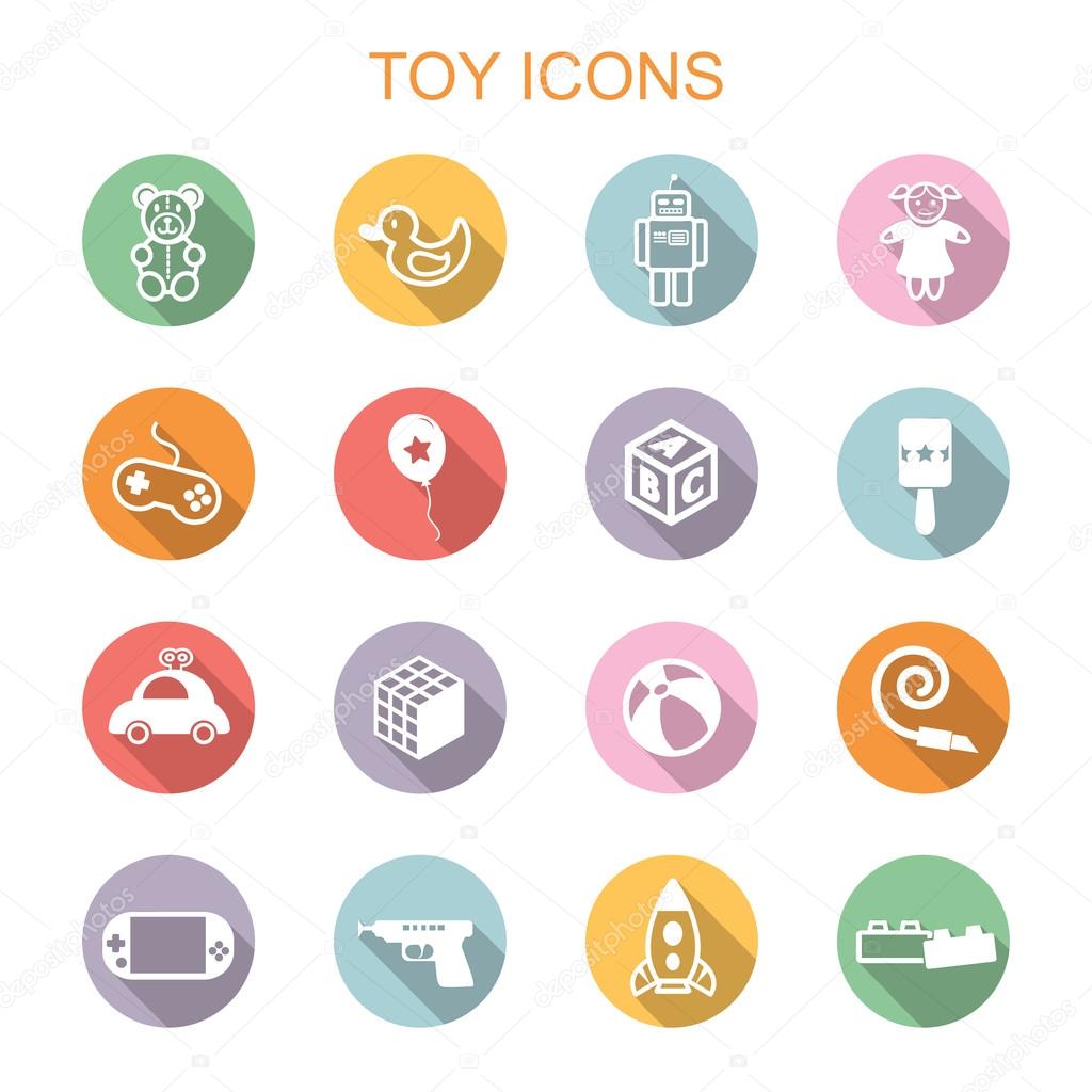 Toy long shadow icons, flat vector symbols
