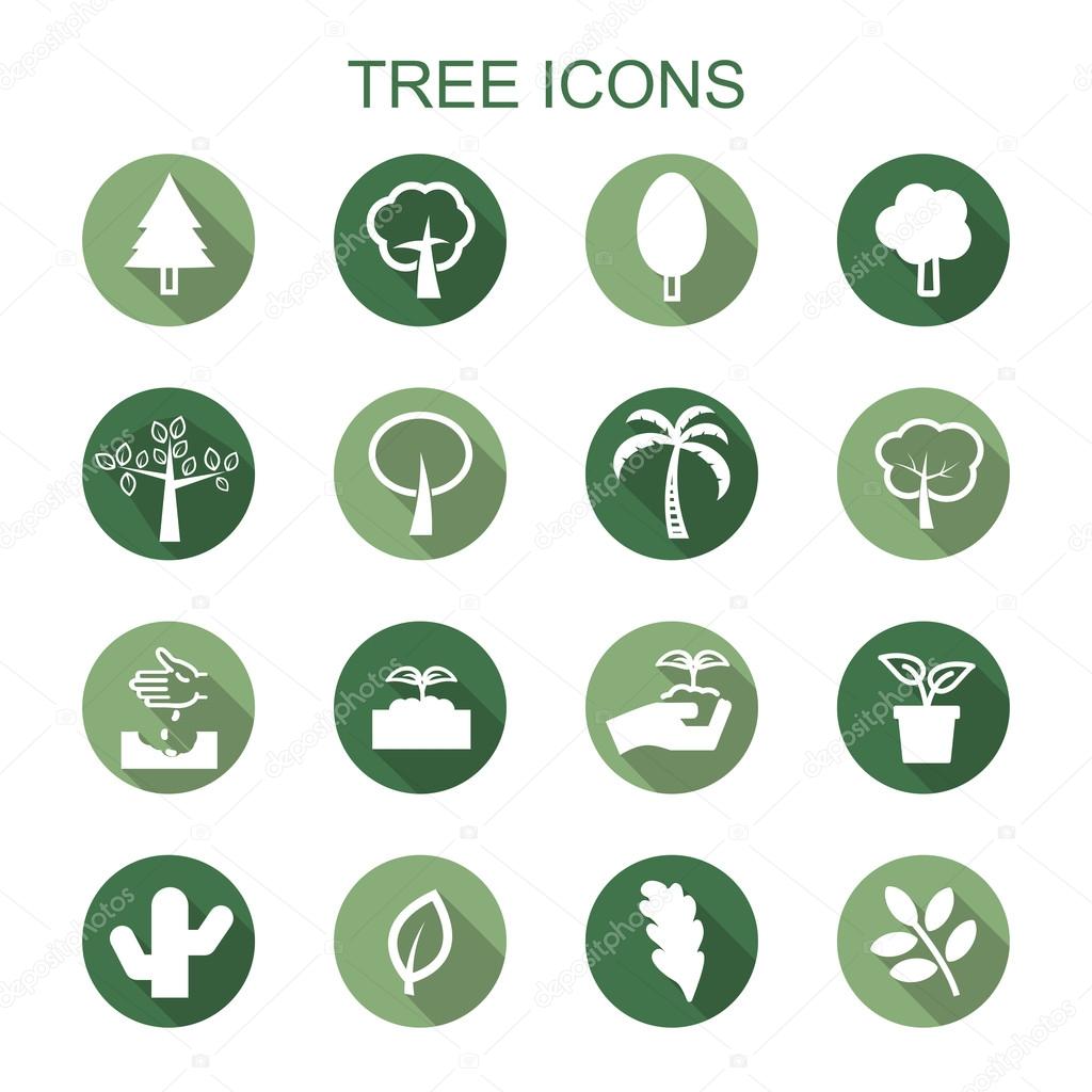 Tree long shadow icons, flat vector symbols