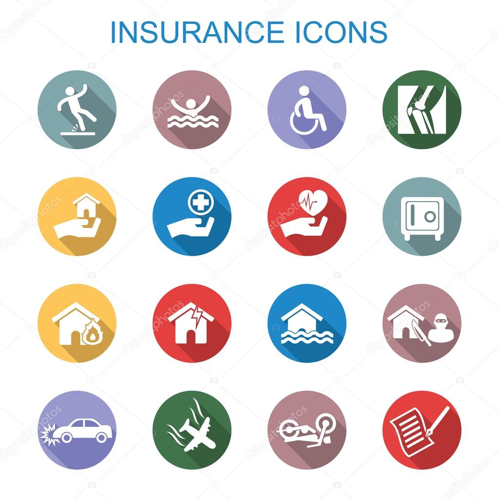 Insurance long shadow icons, flat vector symbols