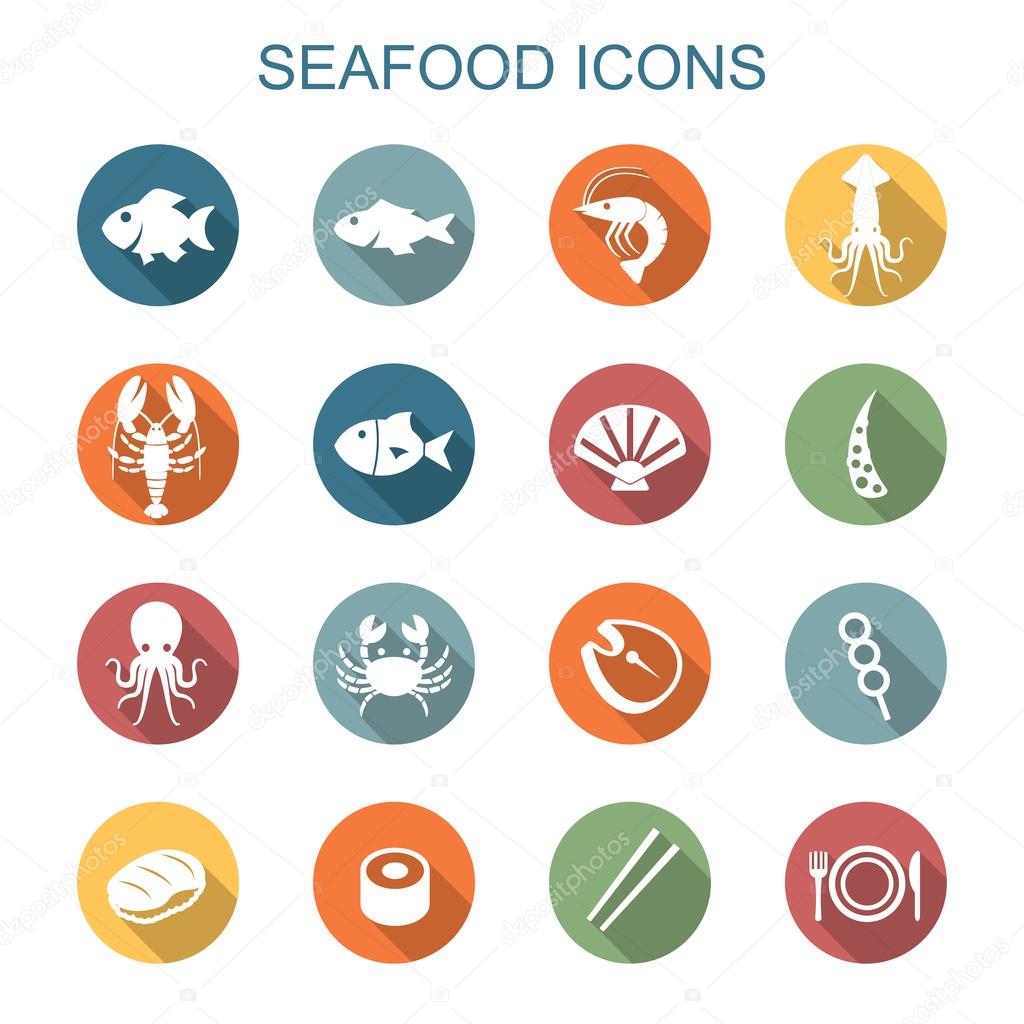 Seafood long shadow icons, flat vector symbols