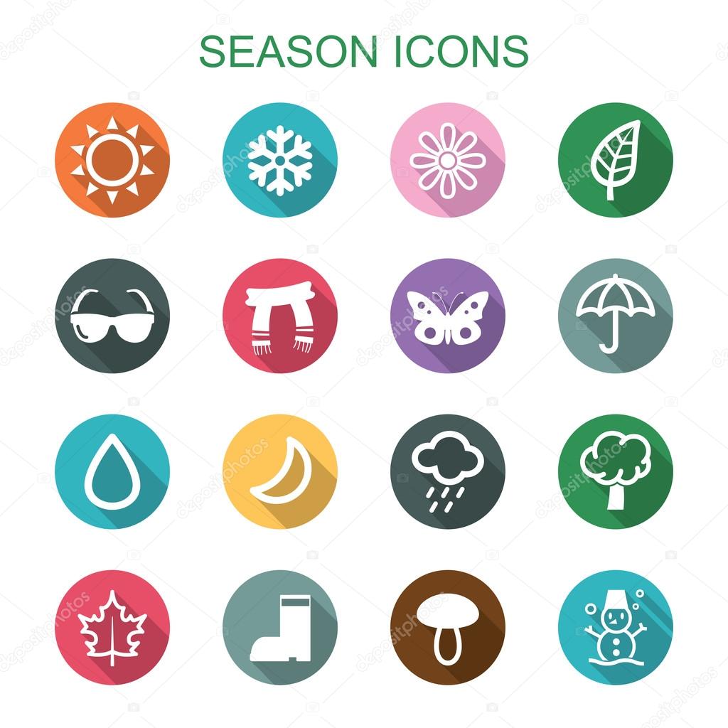 Season long shadow icons, flat vector symbols