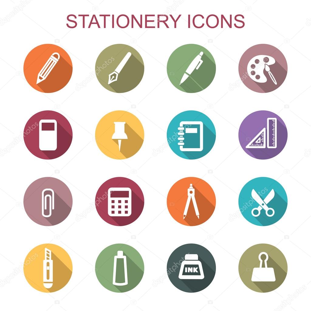 Stationery long shadow icons, flat vector symbols