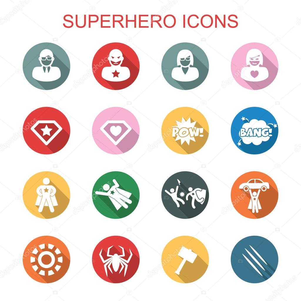 Superhero long shadow icons, flat vector symbols