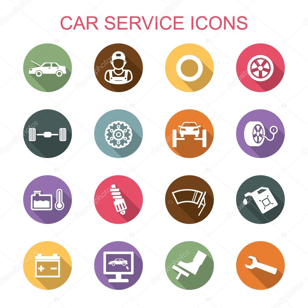 Car service long shadow icons, flat vector symbols