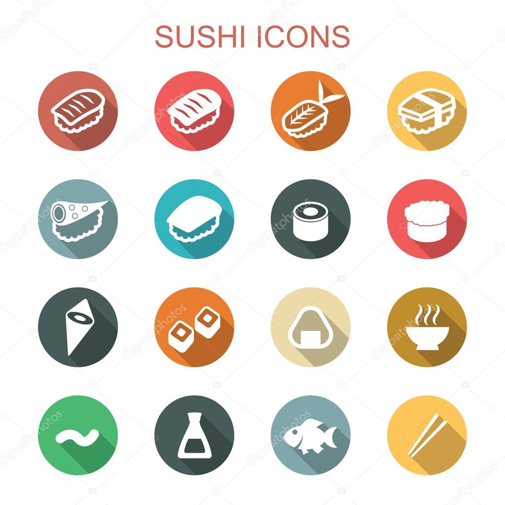 Sushi long shadow icons, flat vector symbols
