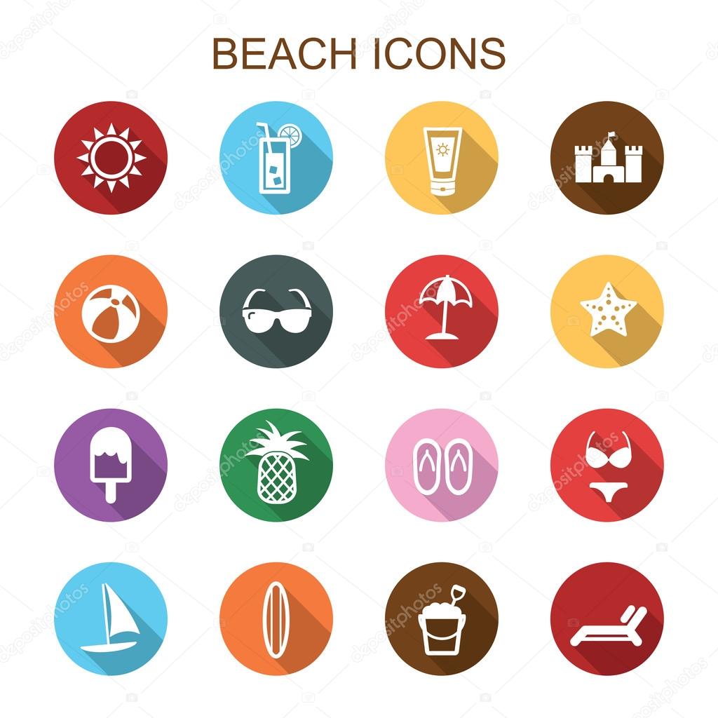 Beach long shadow icons, flat vector symbols