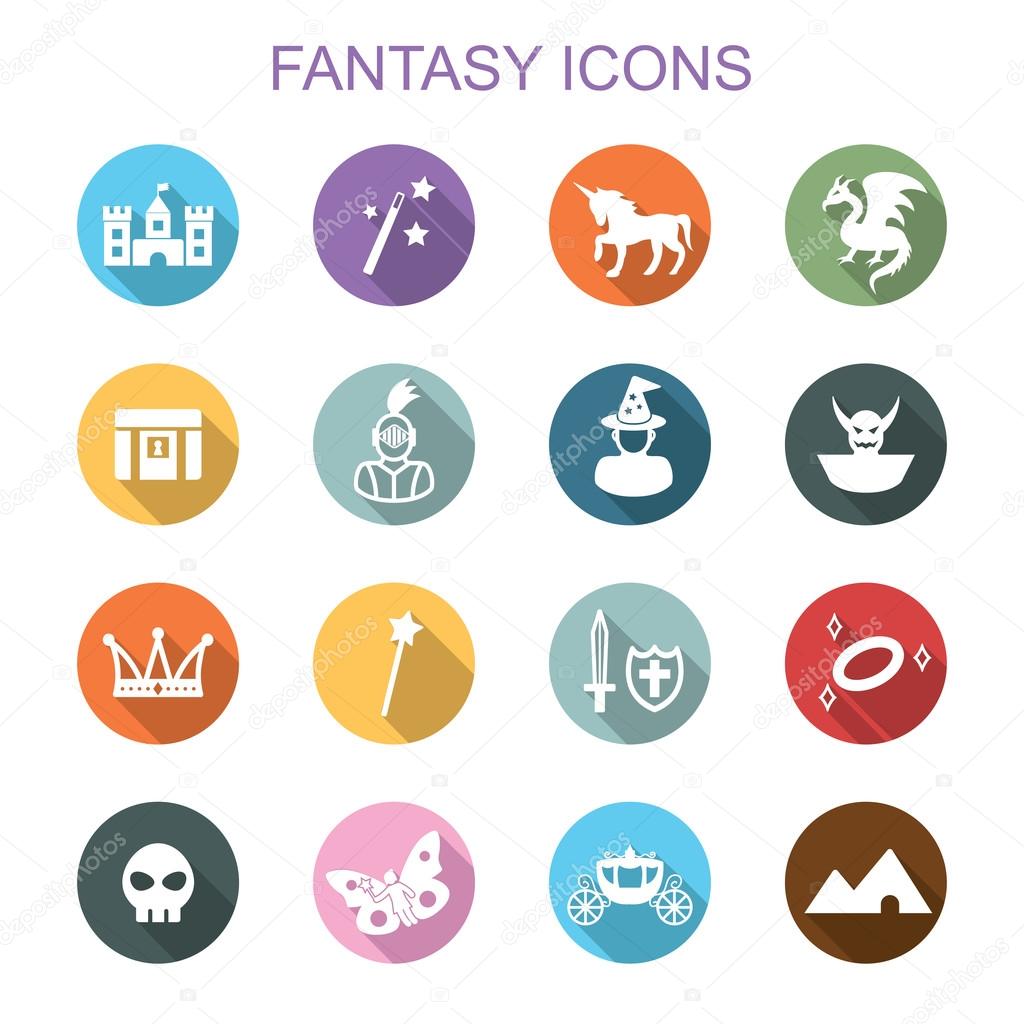 Fantasy long shadow icons, flat vector symbols