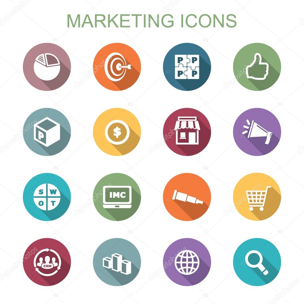 Marketing long shadow icons, flat vector symbols