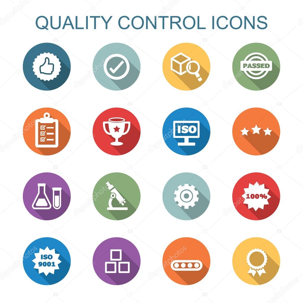Quality control long shadow icons, flat vector symbols