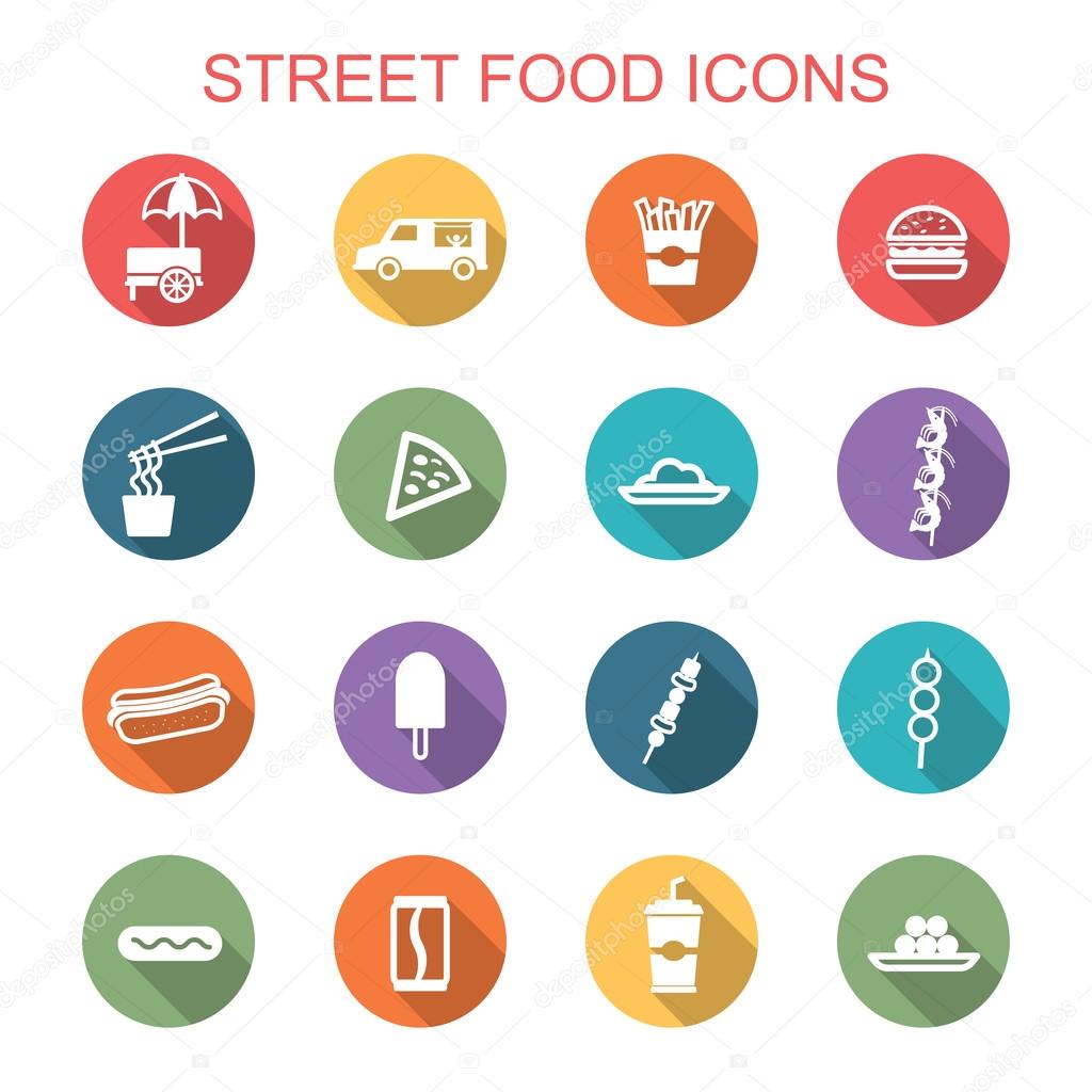 Street food long shadow icons, flat vector symbols
