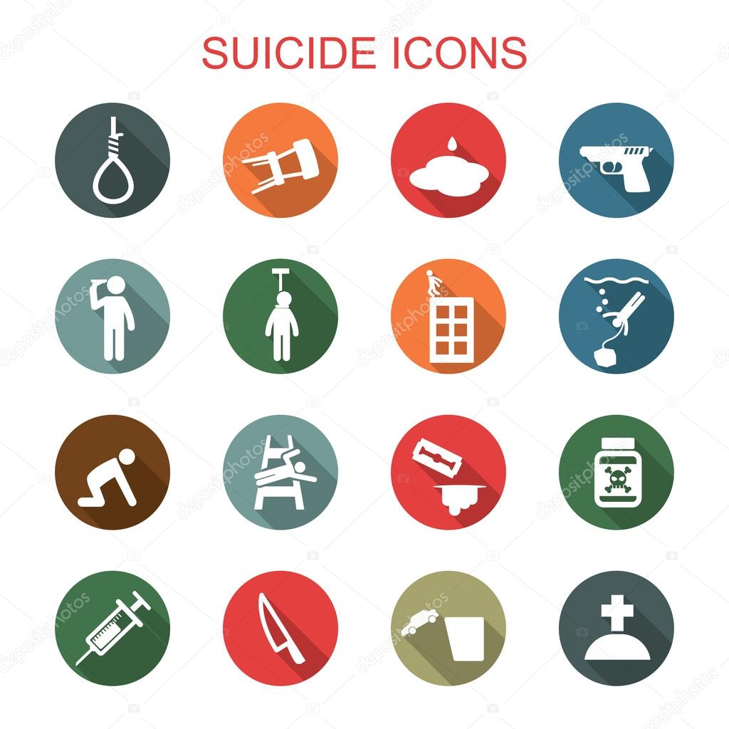 Suicide long shadow icons, flat vector symbols