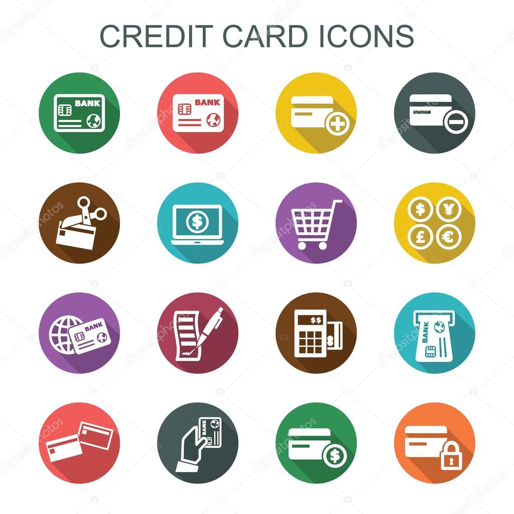 Credit card long shadow icons, flat vector symbols