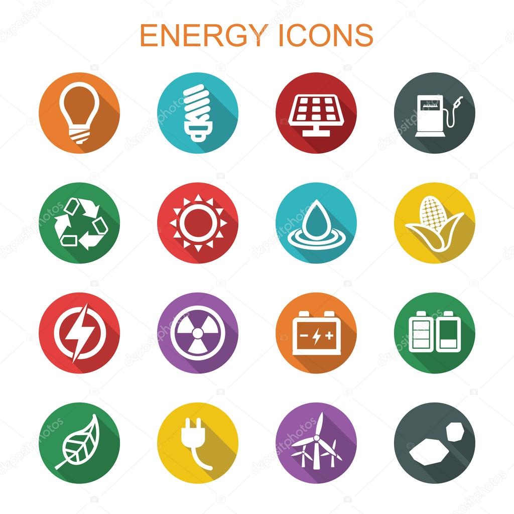Energy long shadow icons, flat vector symbols