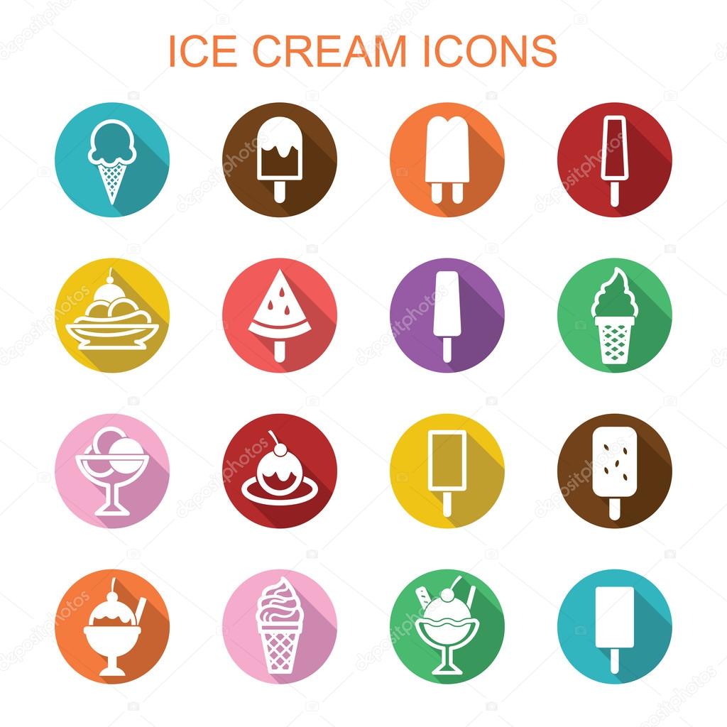 Ice cream long shadow icons, flat vector symbols
