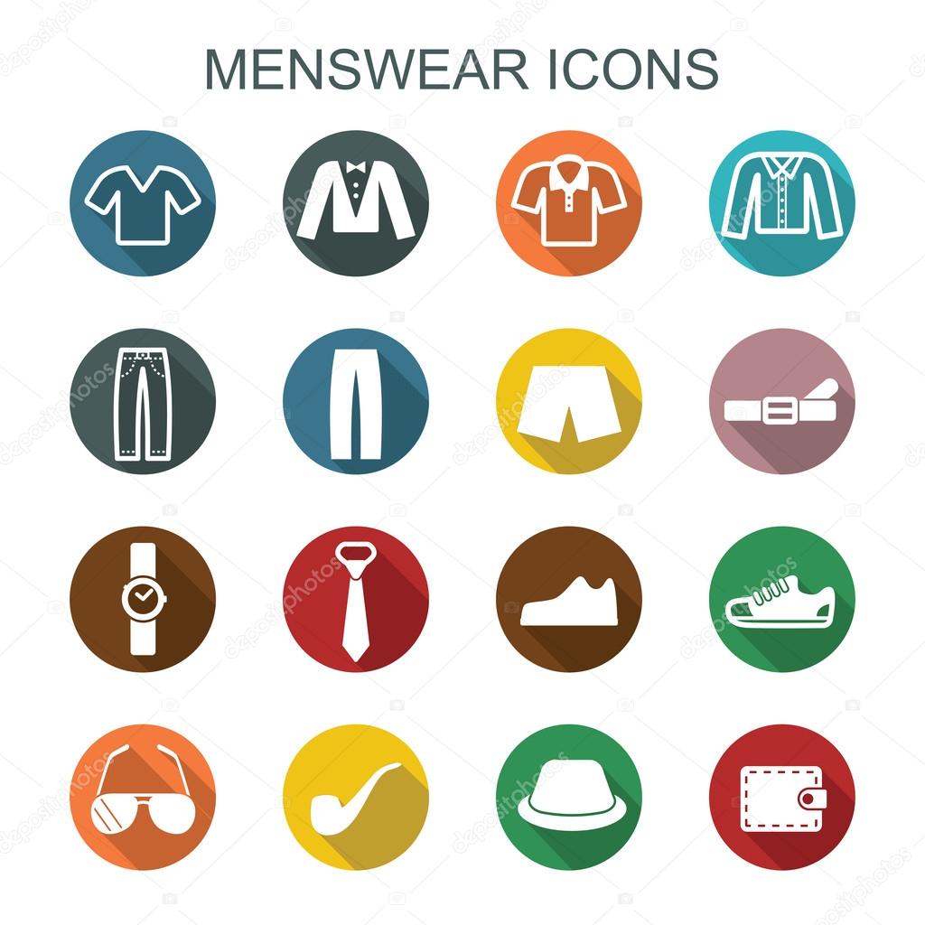 Menswear long shadow icons, flat vector symbols