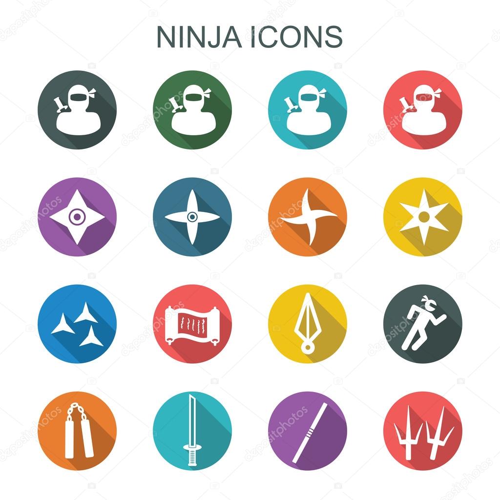Ninja long shadow icons, flat vector symbols