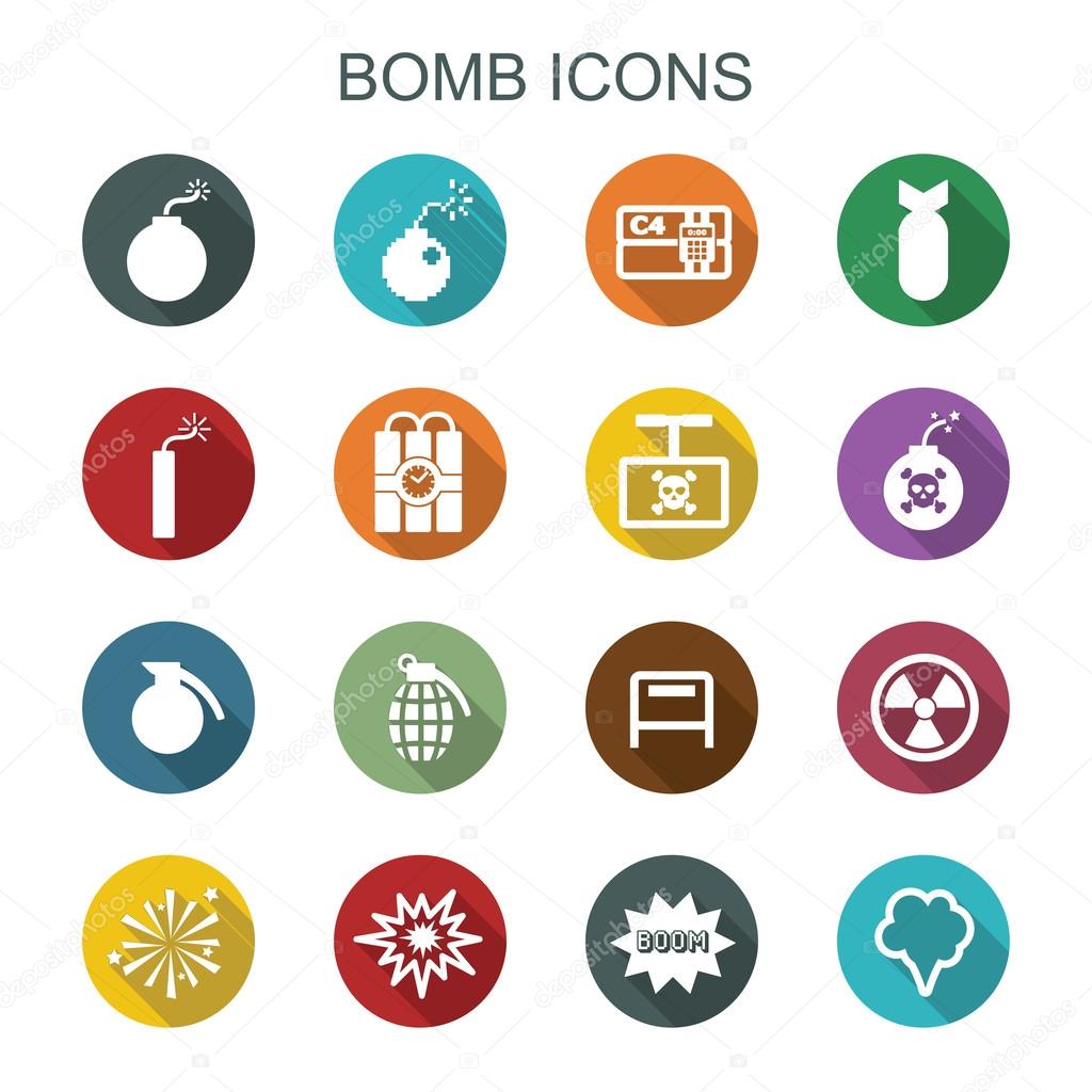 Bomb long shadow icons, flat vector symbols