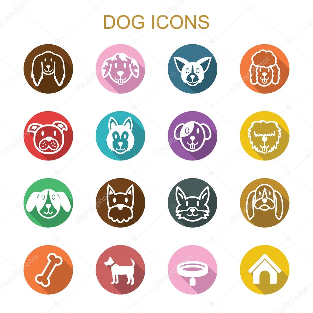 Dog long shadow icons, flat vector symbols