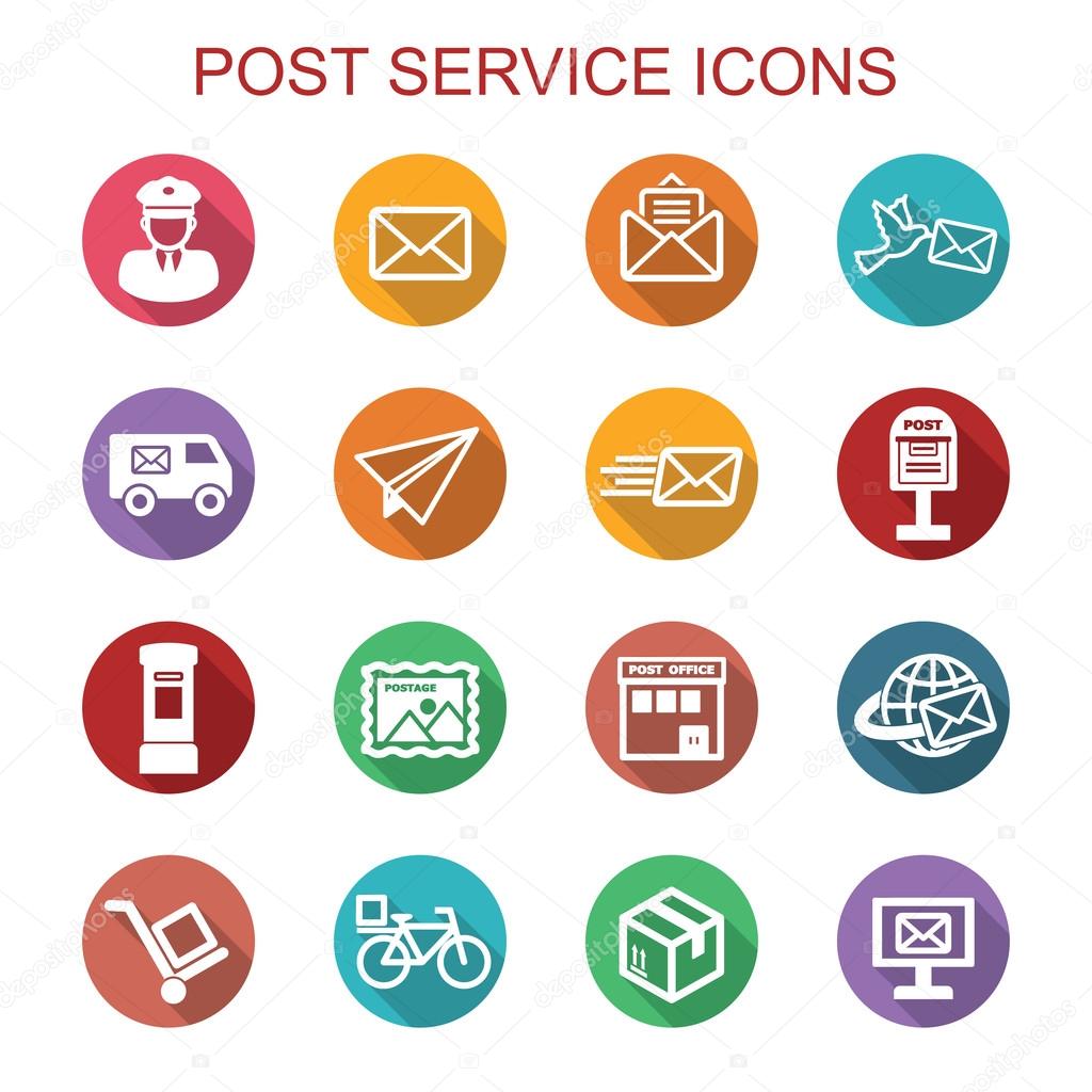 Post service long shadow icons, flat vector symbols