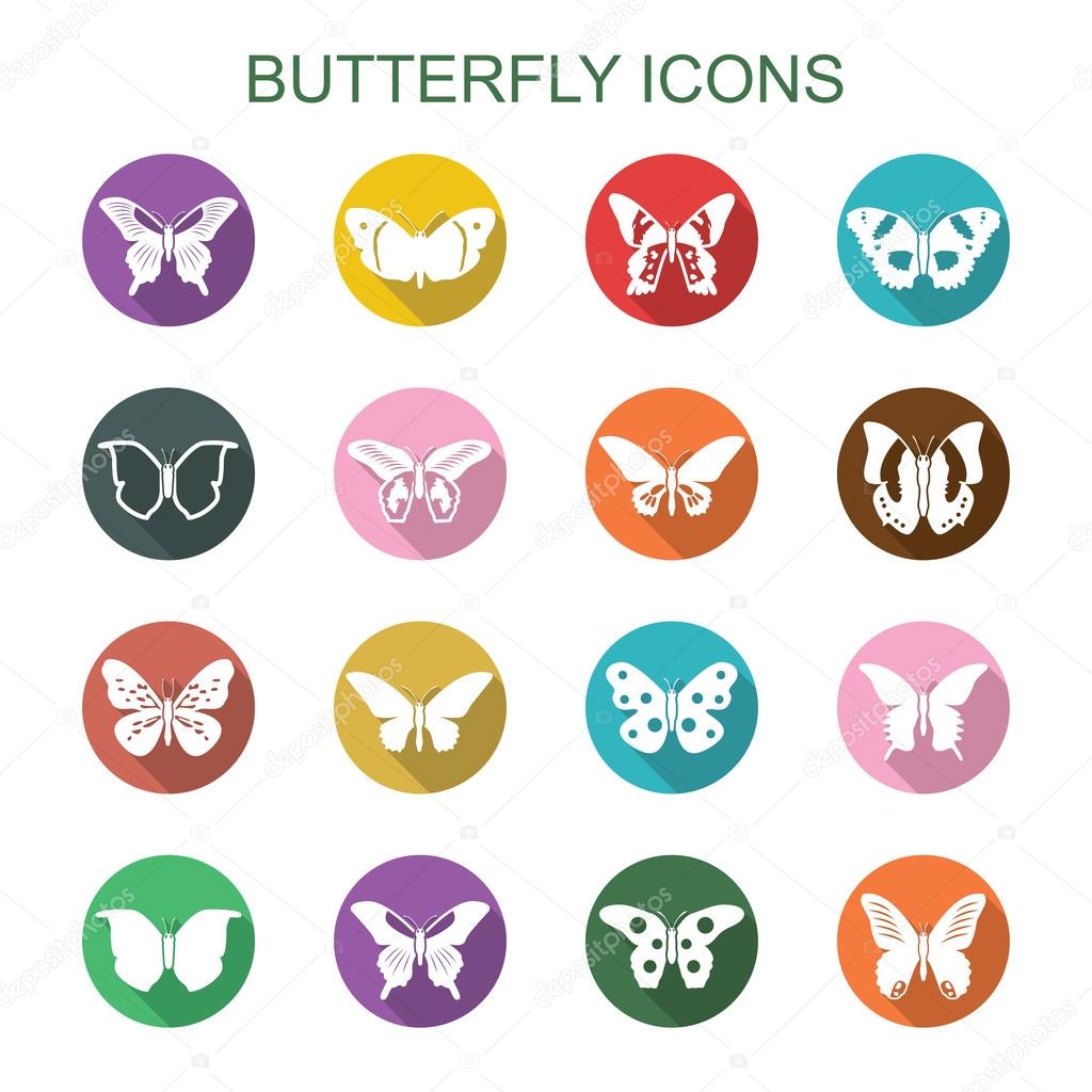Butterfly long shadow icons, flat vector symbols