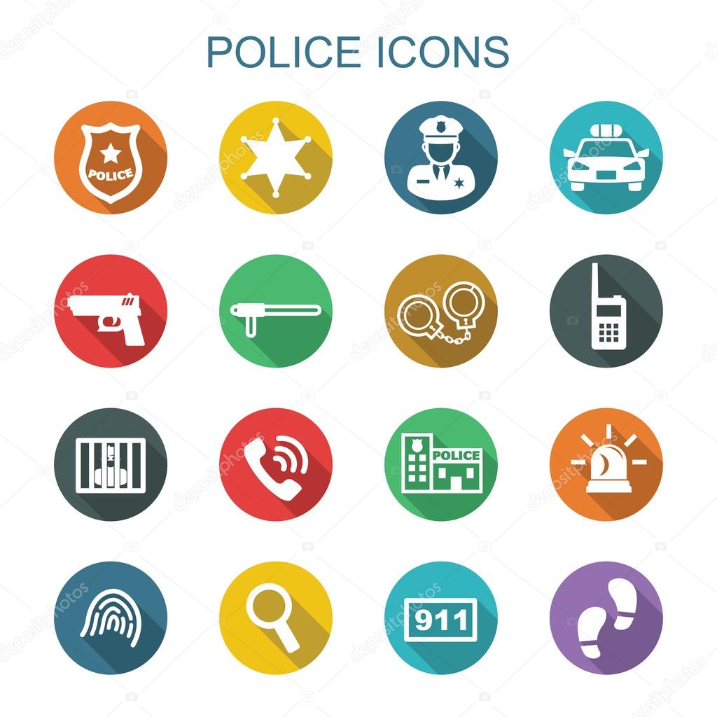 Police long shadow icons, flat vector symbols