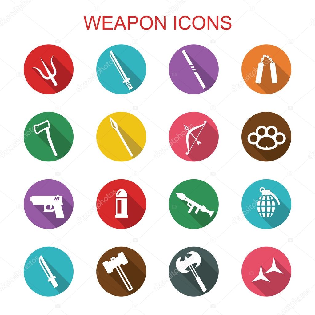 Weapon long shadow icons, flat vector symbols