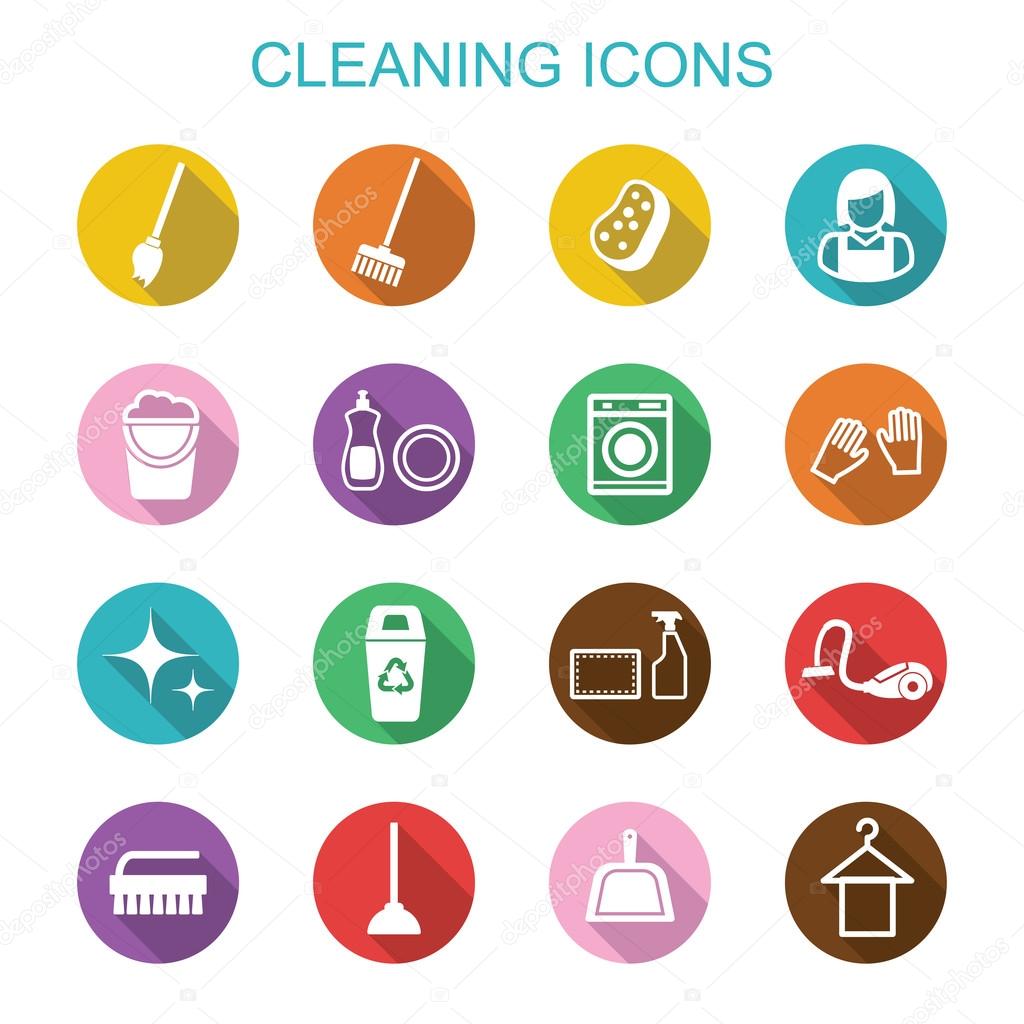 Cleaning long shadow icons, flat vector symbols