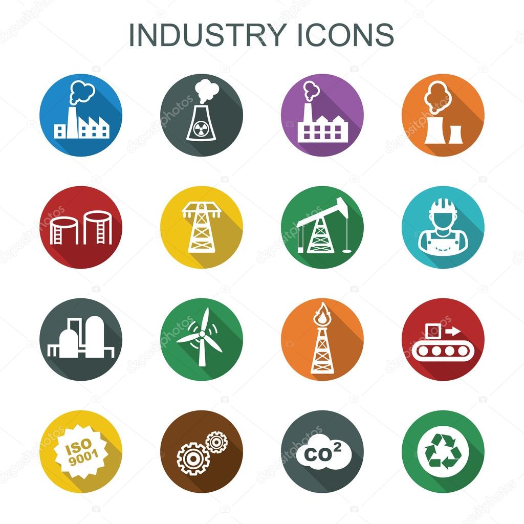 Industry long shadow icons, flat vector symbols