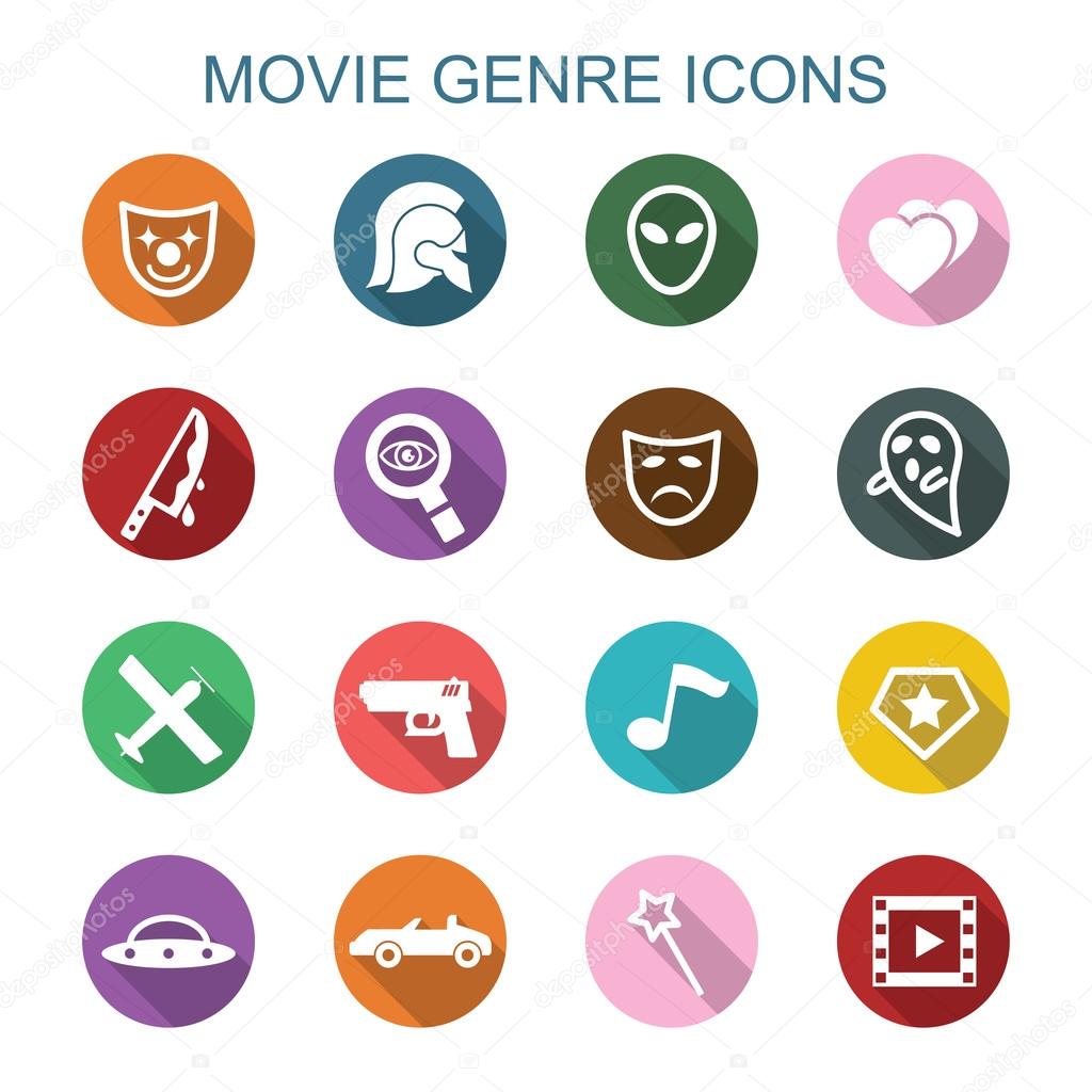 Movie genre long shadow icons, flat vector symbols
