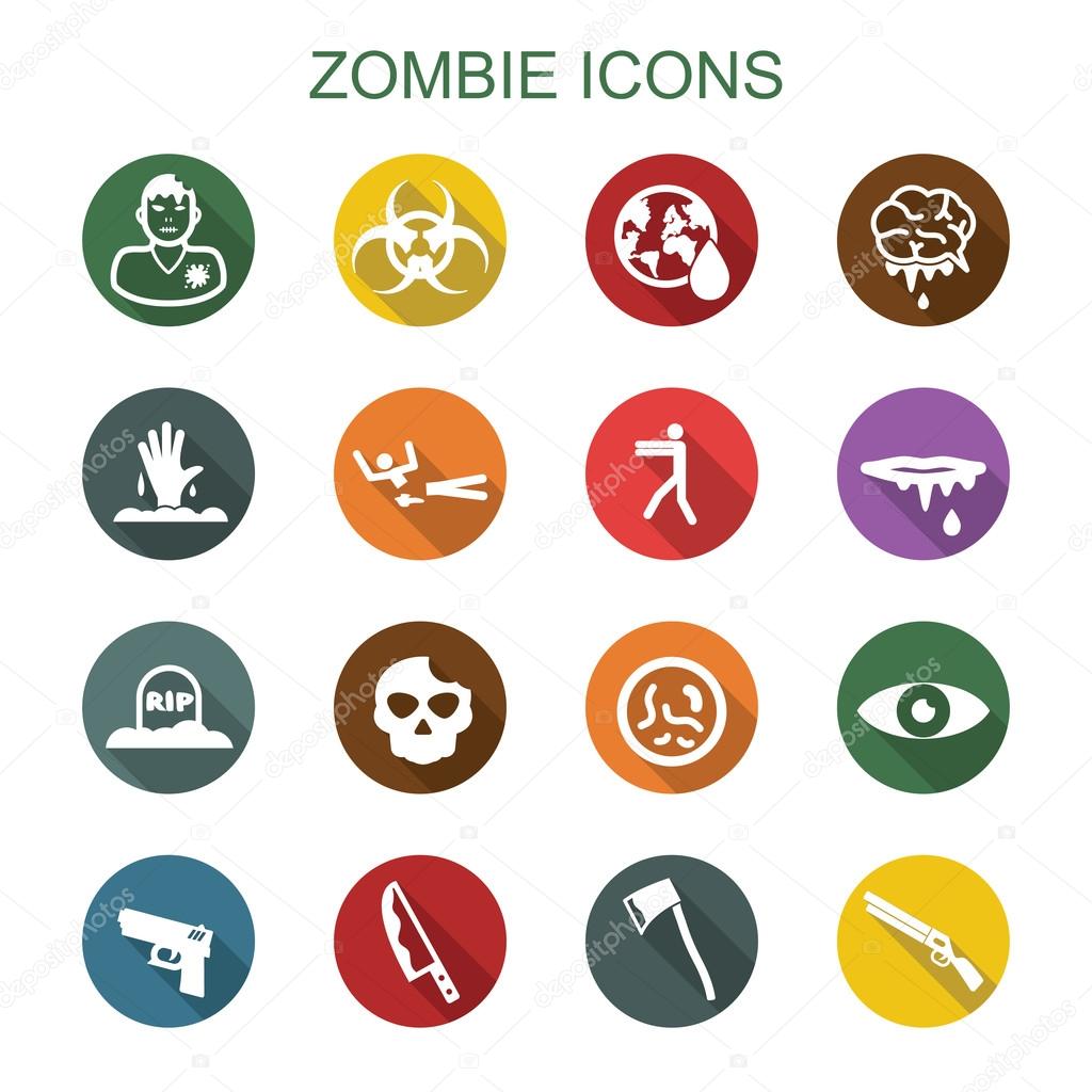 Zombie long shadow icons, flat vector symbols